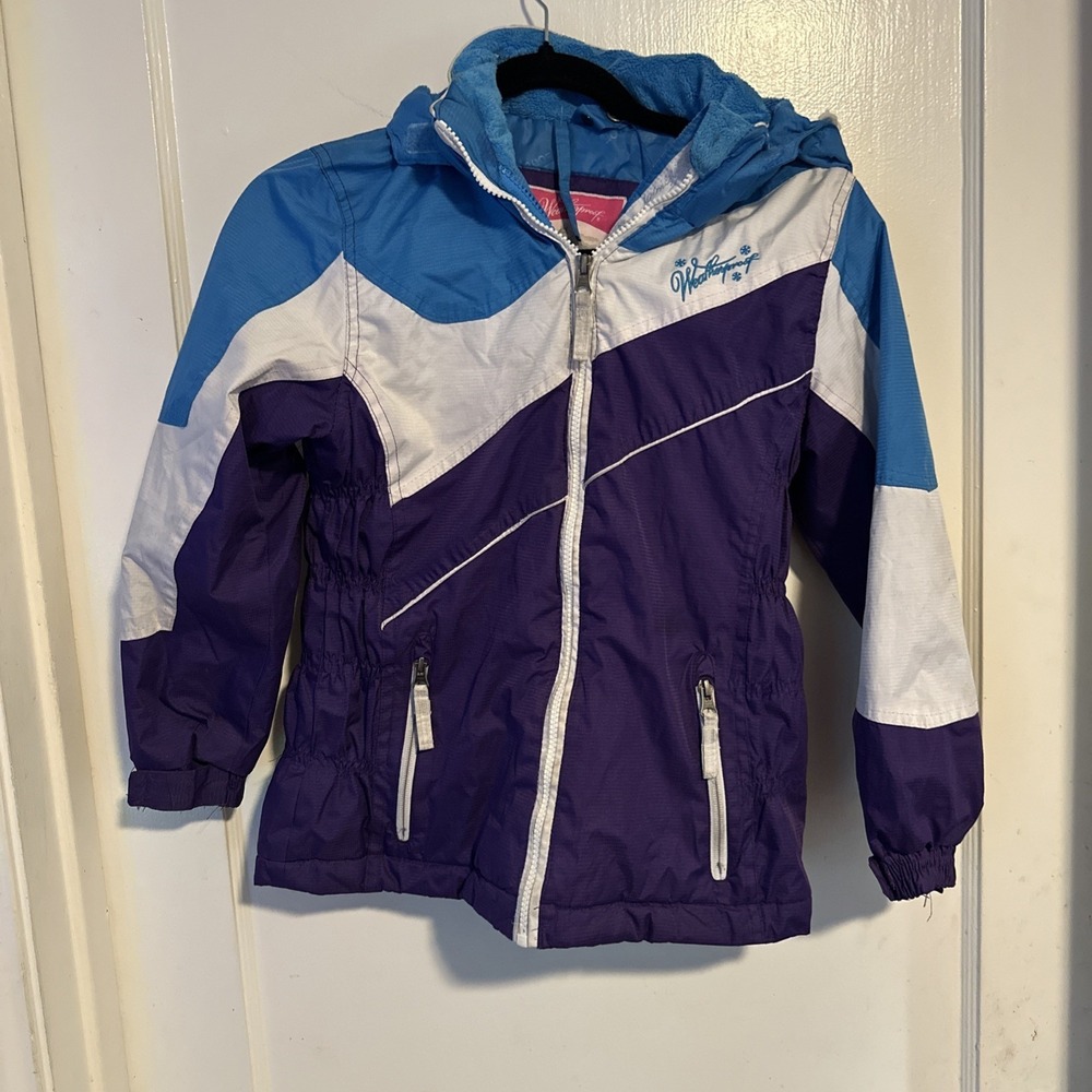 EUC Weatherproof Girls 10-12 Purple/White/Blue 3-in-1 Winter Coat W/Fur Hood